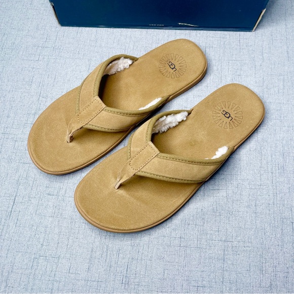 UGG Seaside Suede & Sherpa Flip Flop Sandal Tasmania Tan Sandals Nwt 11 - Picture 3 of 10